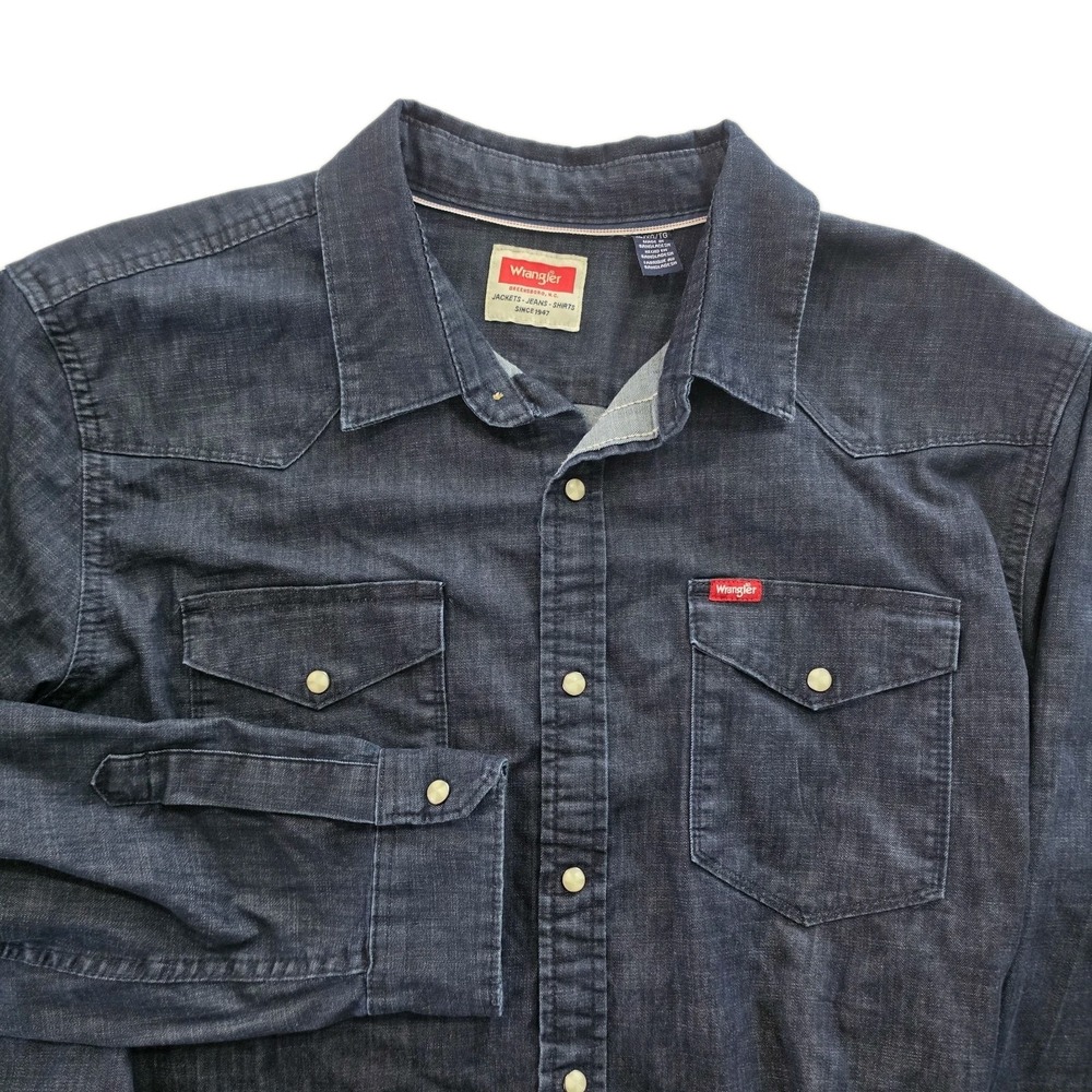Wrangler Men's XL Dark Wash Denim Pearl Snap Western Shirt Long Sleeve Cowboy